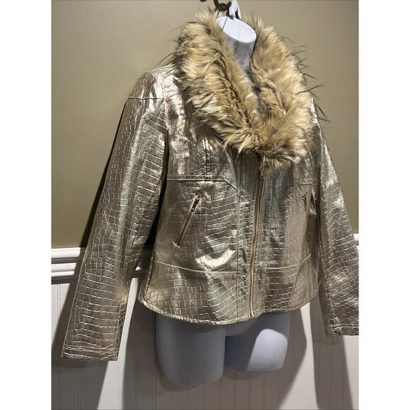 V Cristina Faux Leather Crocodile Textured Jacket Gold Faux Fur Trim Size M - Picture 2 of 12